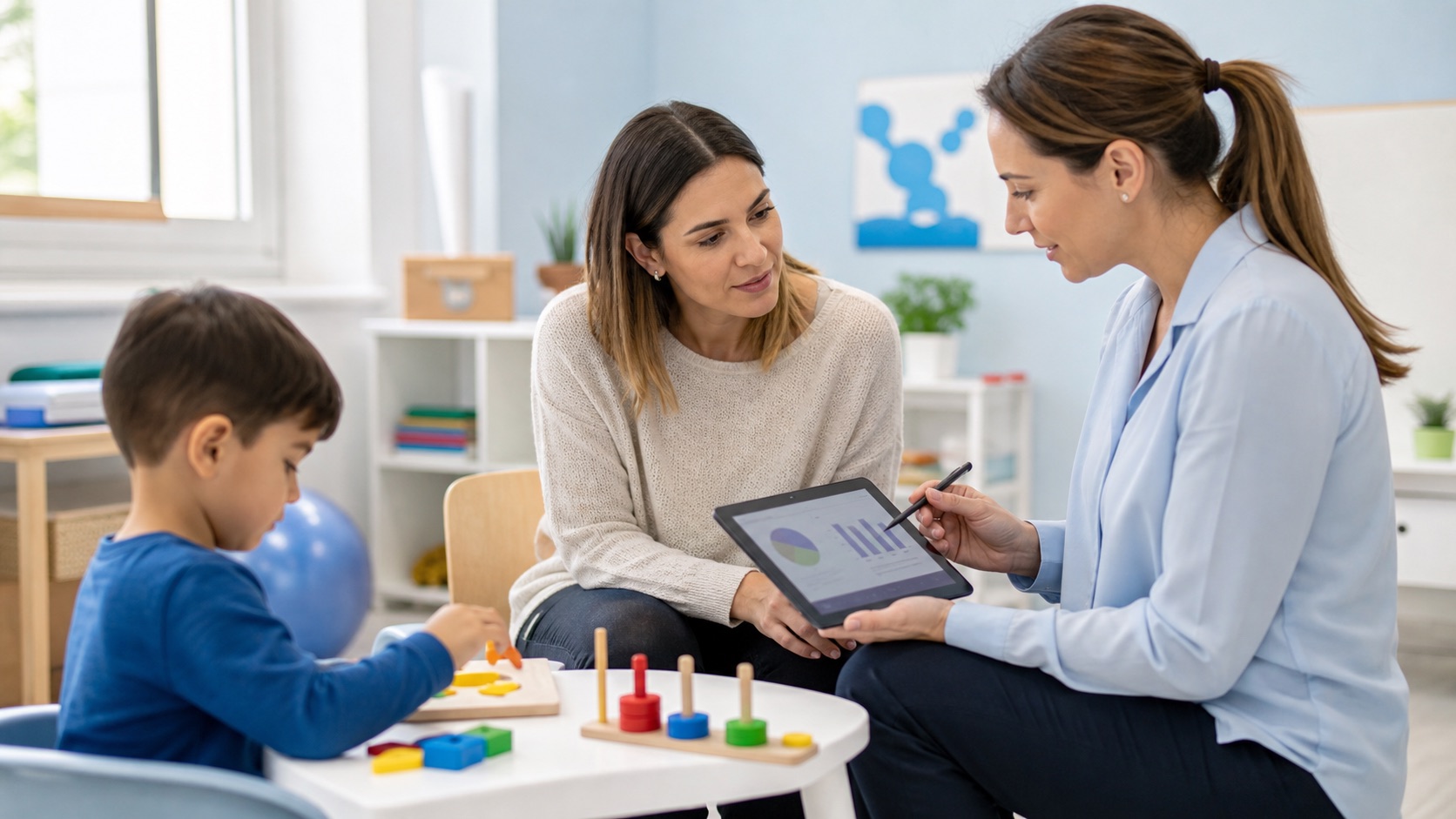 Profissional orientando responsável durante acompanhamento terapêutico infantil